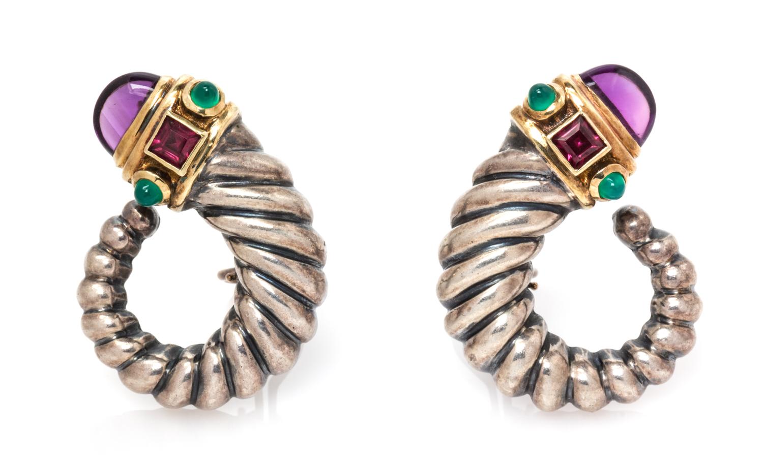A Pair of Sterling Silver, 14 Karat Yellow Gold, Amethyst, Green Onyx and Rhodolite Garnet Earrings, David Yurman, 16.70 dwts.