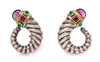 A Pair of Sterling Silver, 14 Karat Yellow Gold, Amethyst, Green Onyx and Rhodolite Garnet Earrings, David Yurman, 16.70 dwts.