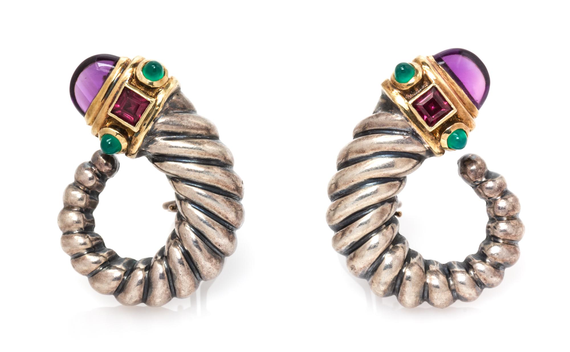 A Pair of Sterling Silver, 14 Karat Yellow Gold, Amethyst, Green Onyx and Rhodolite Garnet Earrings, David Yurman, 16.70 dwts.