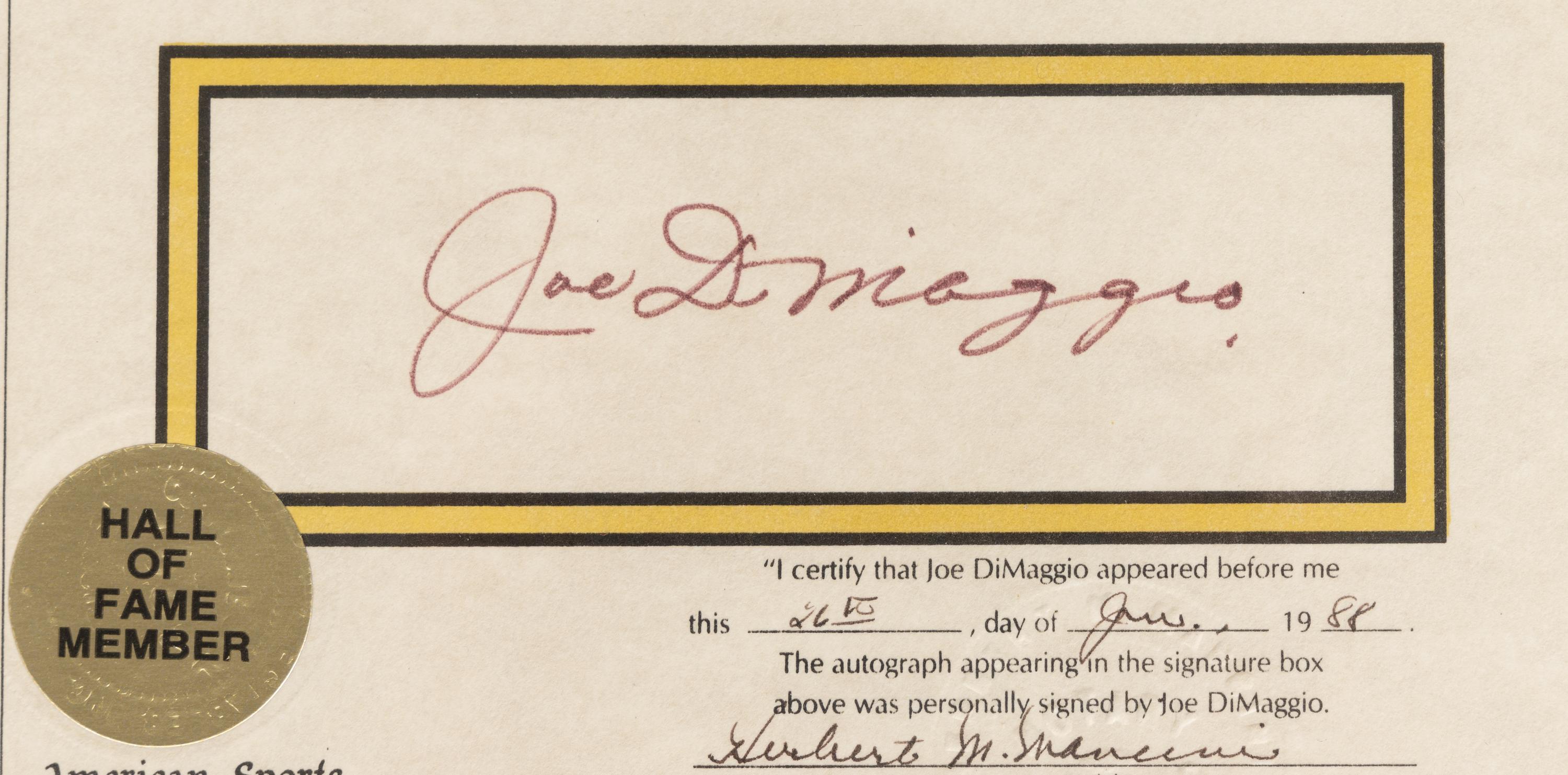 A Joe DiMaggio Signed Autograph Career Statistics Display (Beckett Authentication Services Letter BAS Certified),