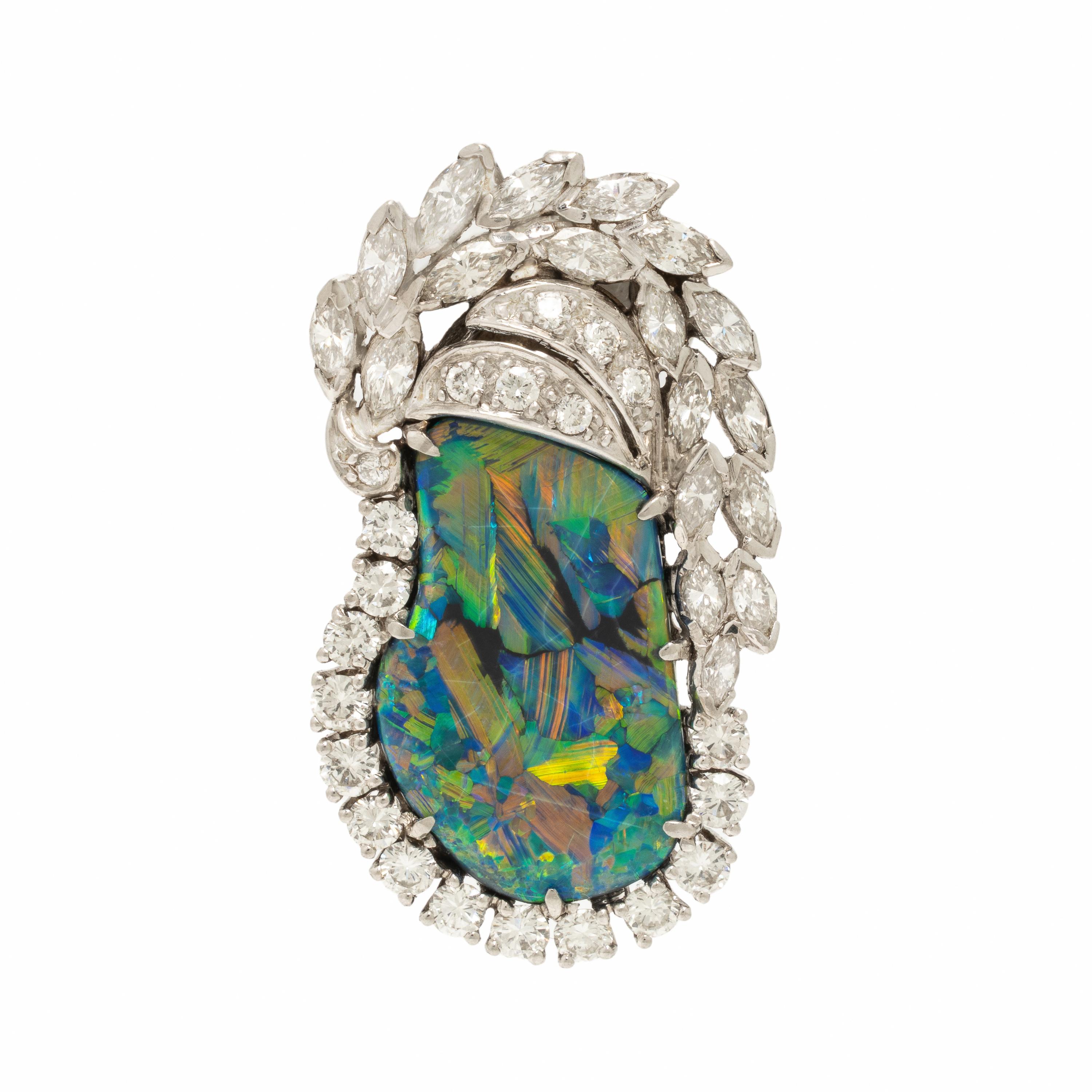 Opal, Diamond, and Platinum Pendant Brooch