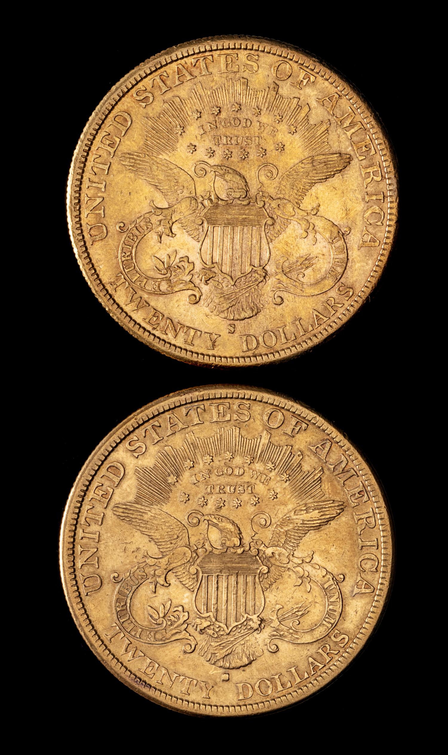 Two United States 1882-S Liberty Head $20 Gold Coin