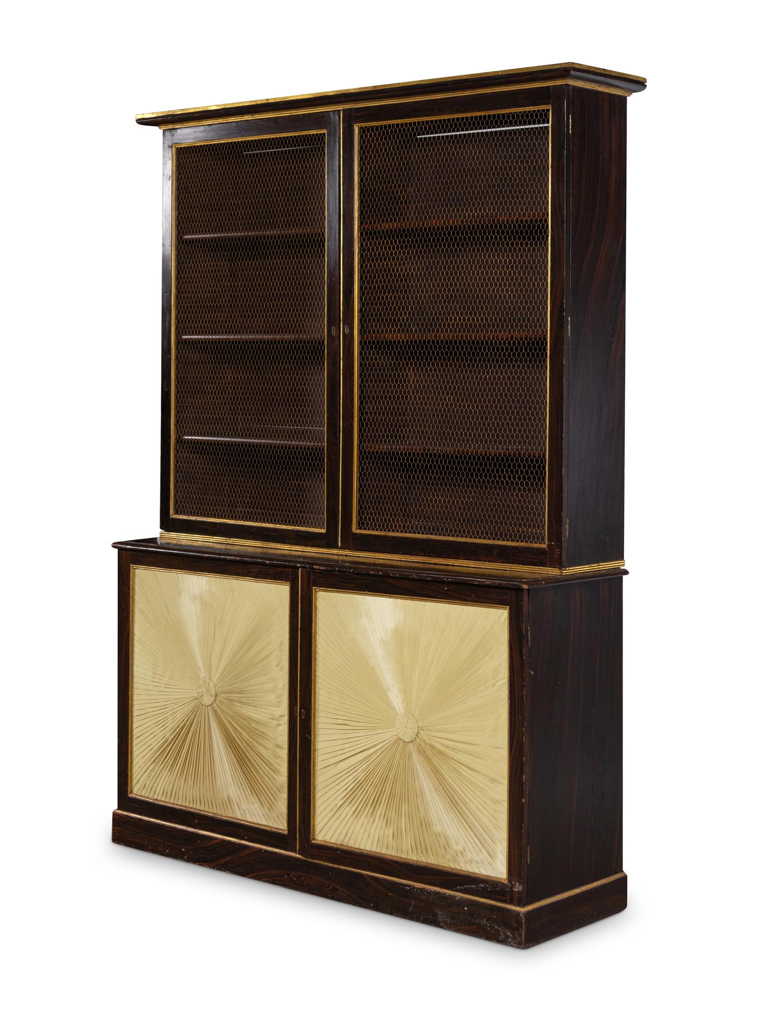 A Pair of Regency Style Grain Painted and Parcel Gilt Bookcases