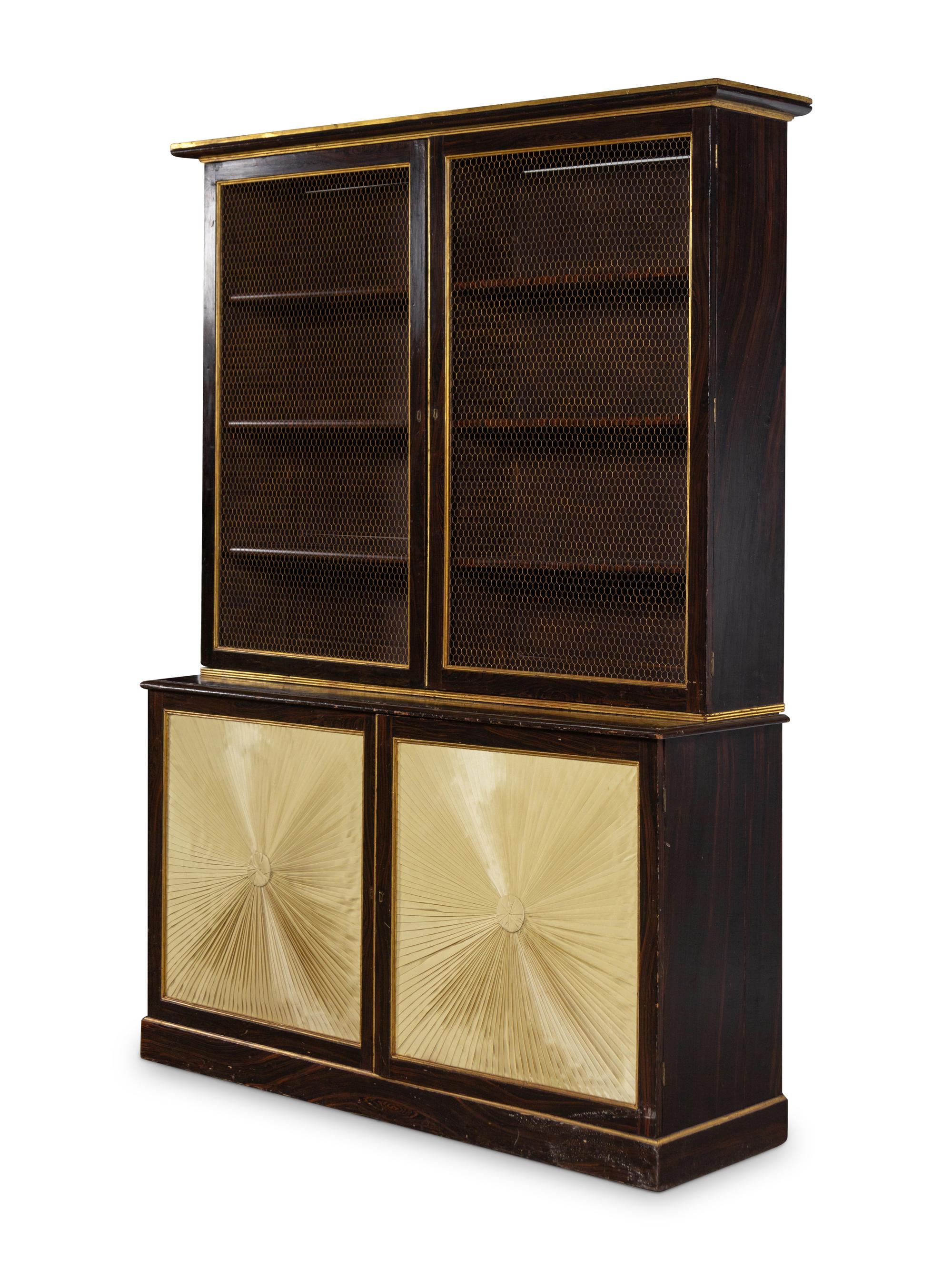 A Pair of Regency Style Grain Painted and Parcel Gilt Bookcases