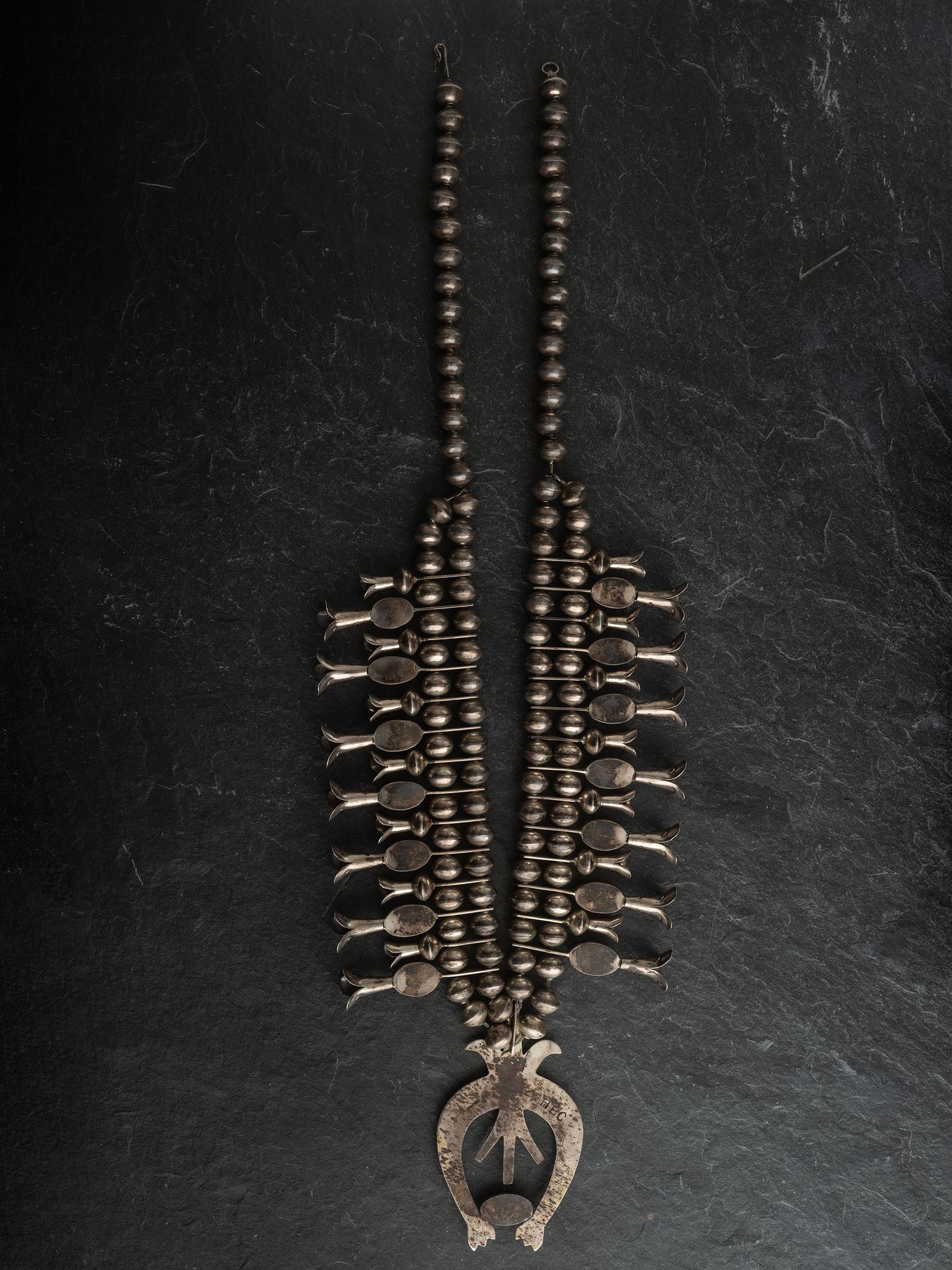 Navajo Sterling Silver and Royston Turquoise Squash Blossom Necklace