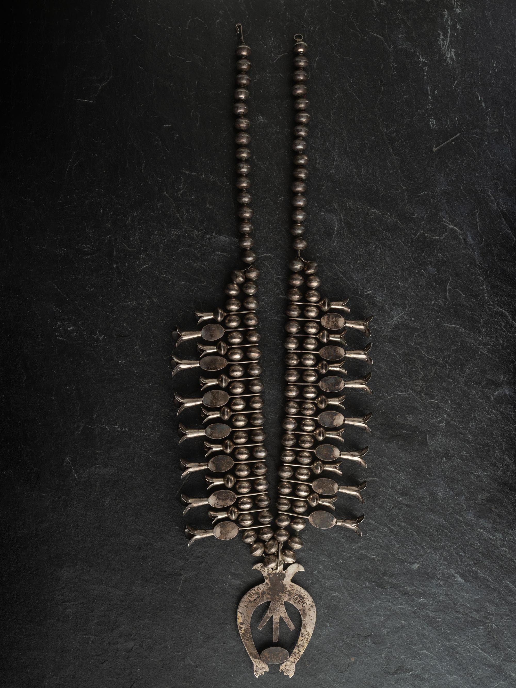 Navajo Sterling Silver and Royston Turquoise Squash Blossom Necklace