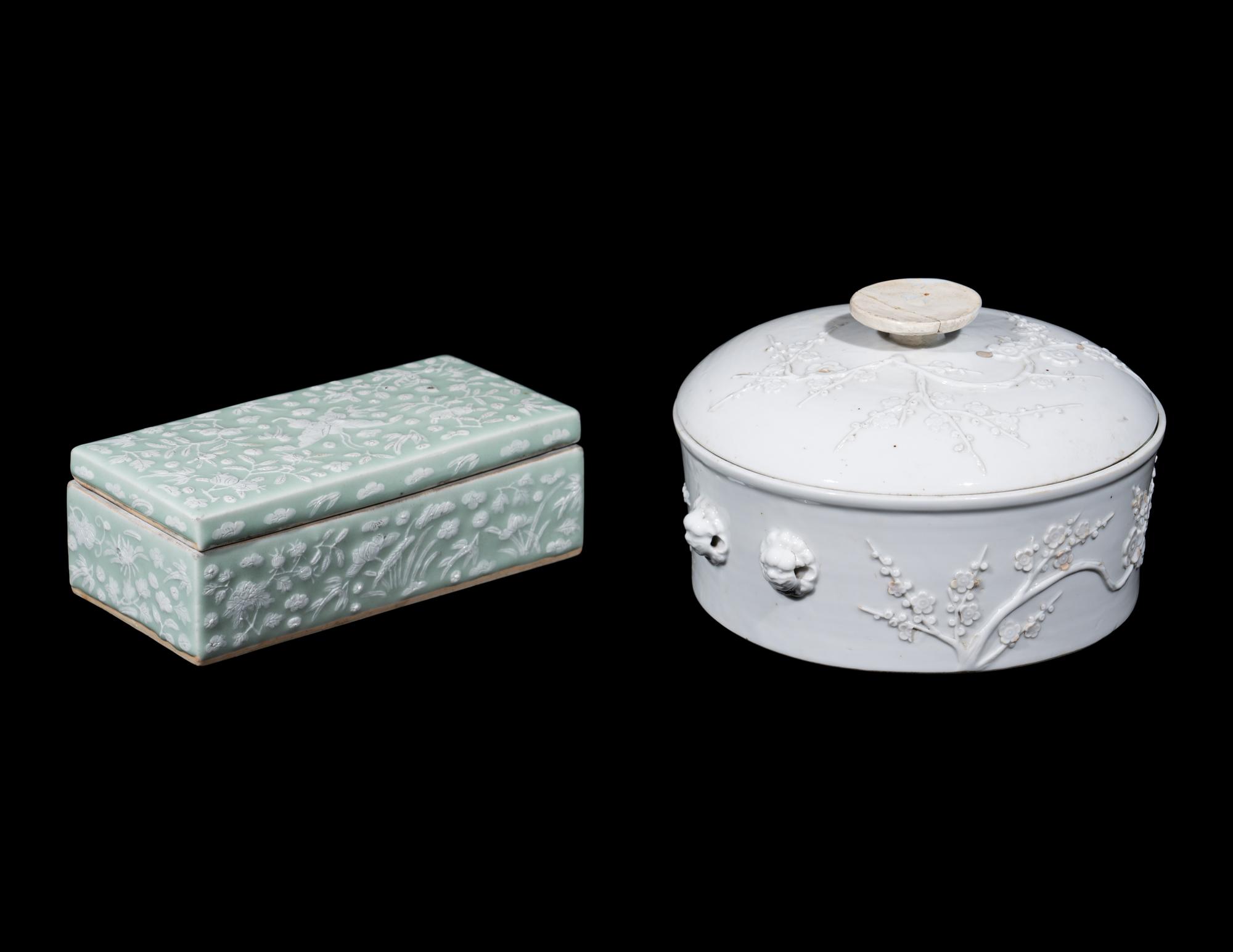 Two Chinese Carved Porcelain Covered Boxes
