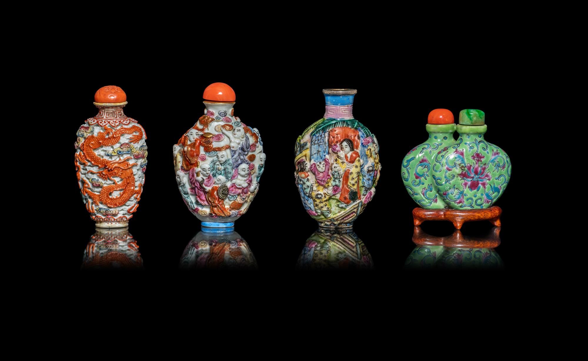 Four Chinese Famille Rose Porcelain Snuff Bottles