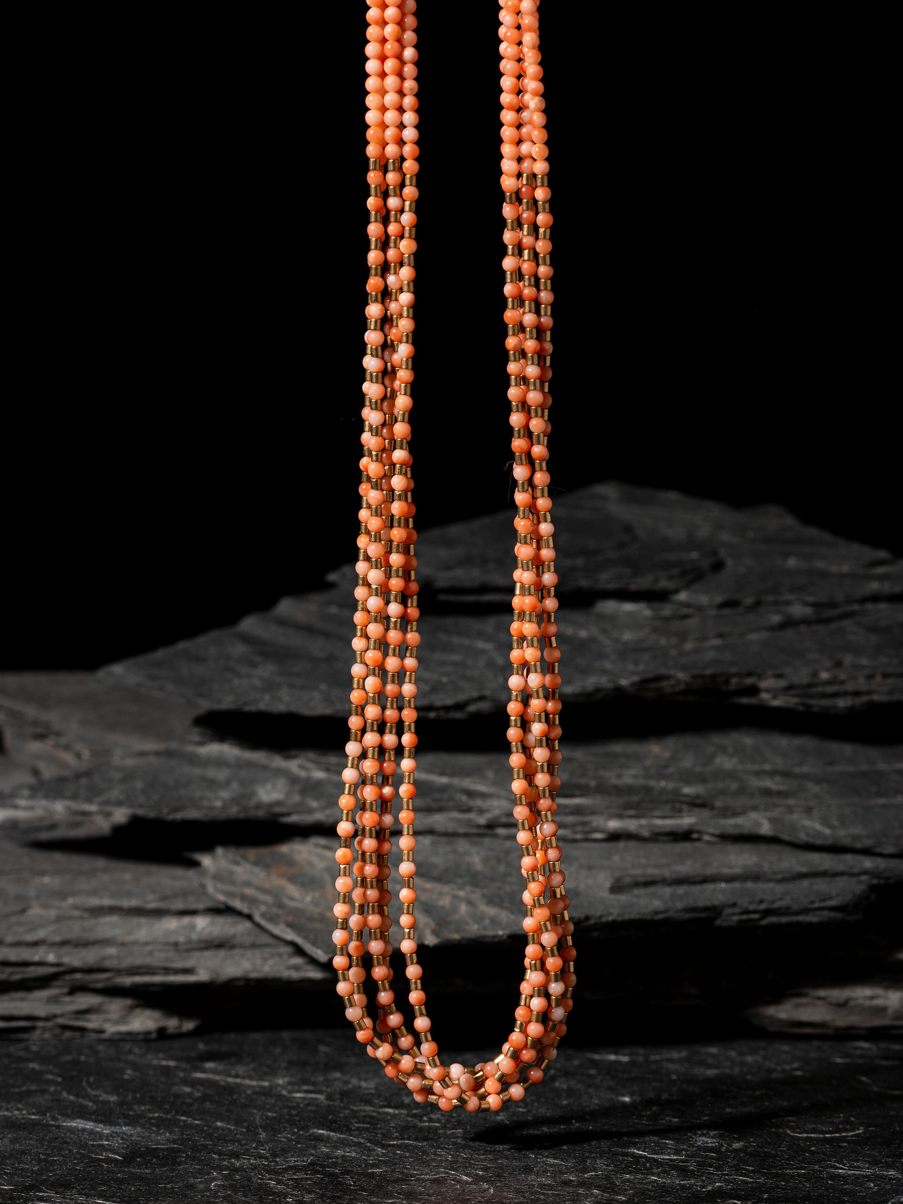 Pink Coral and 14K Gold Multi-strand Necklace