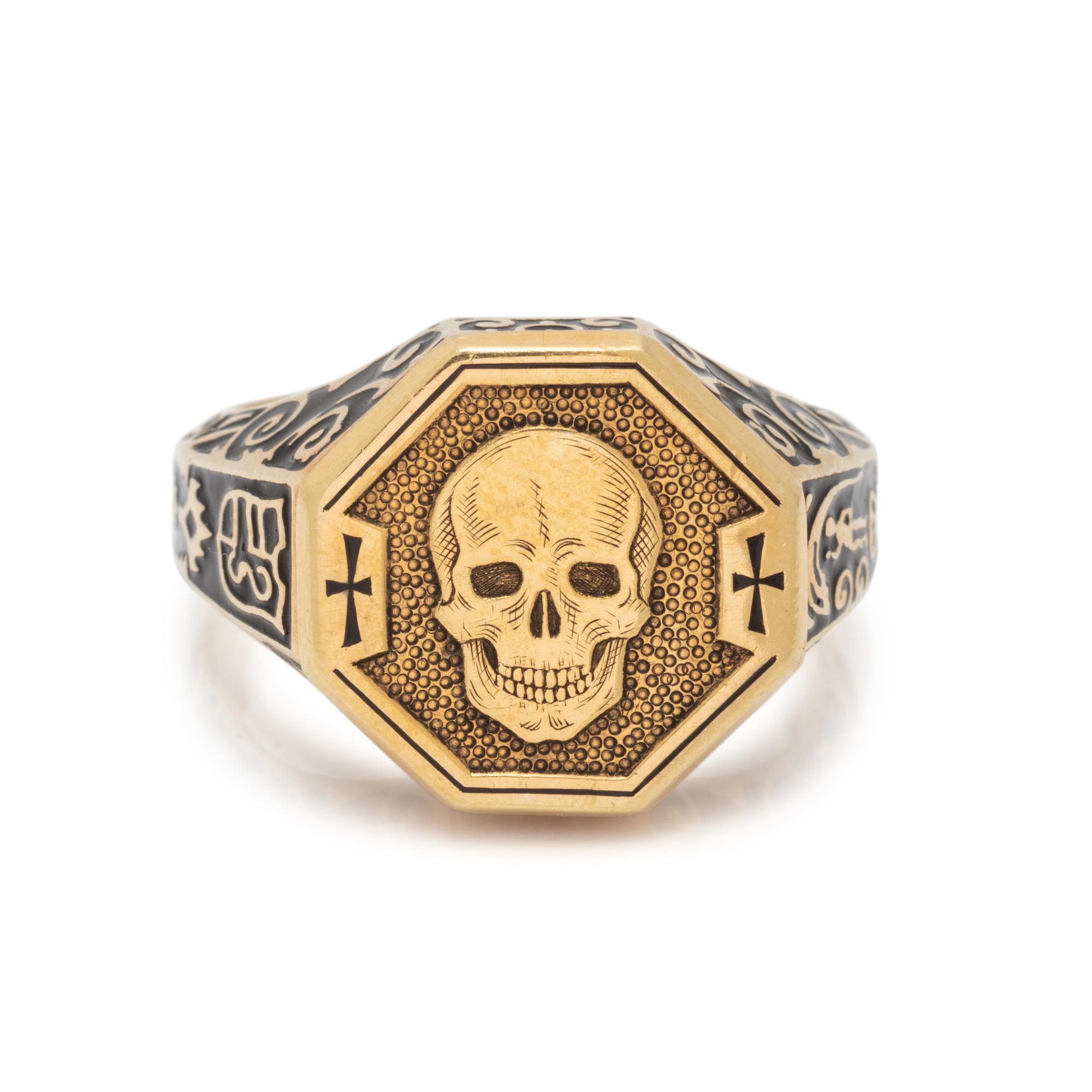 ATTILIO CODOGNATO, YELLOW GOLD AND ENAMEL SKULL RING
