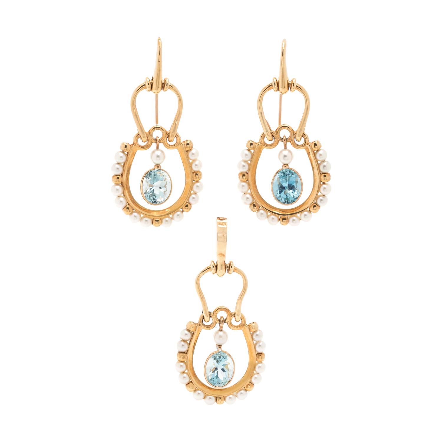 YELLOW GOLD, AQUAMARINE AND CULTURED PEARL SET