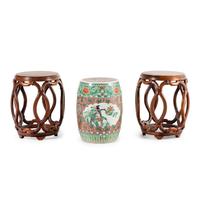 A Pair of Chinese Burlwood Top Hardwood Garden Stools and a Famille Rose Porcelain Garden Stool, Gudeng, 20th Century 近代 鼓凳一組三件