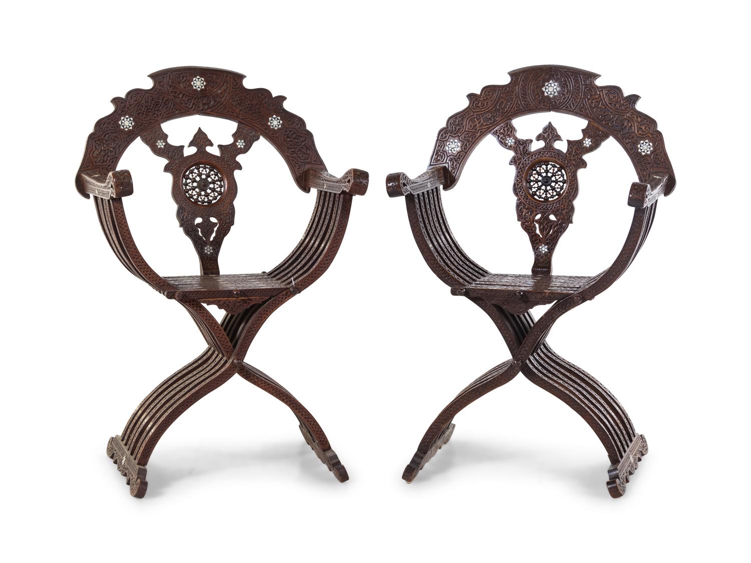 A Pair of Syrian Carved Armchairs