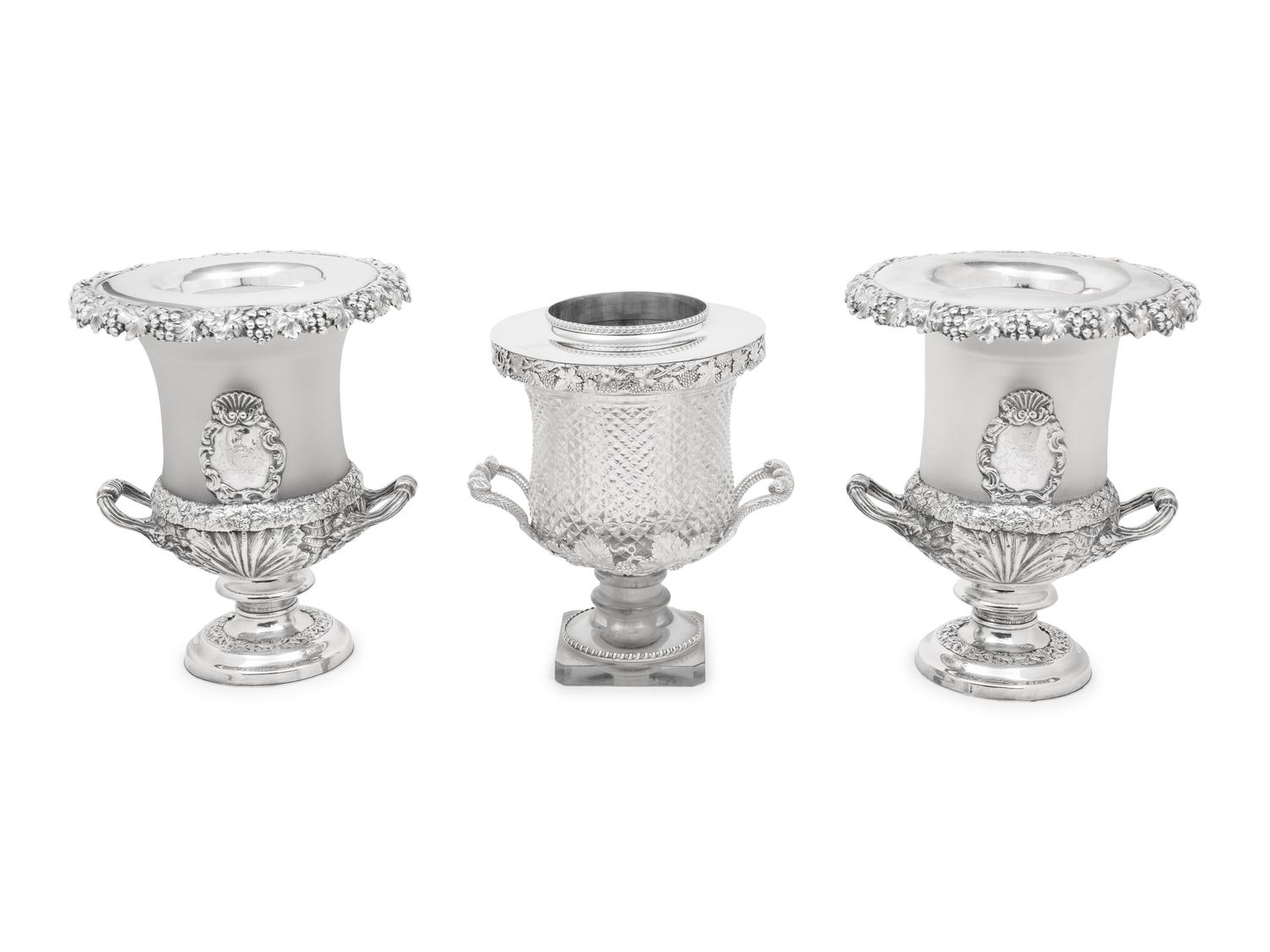 A Pair of English Frosted Glass and Silver-Plate Wine Coolers