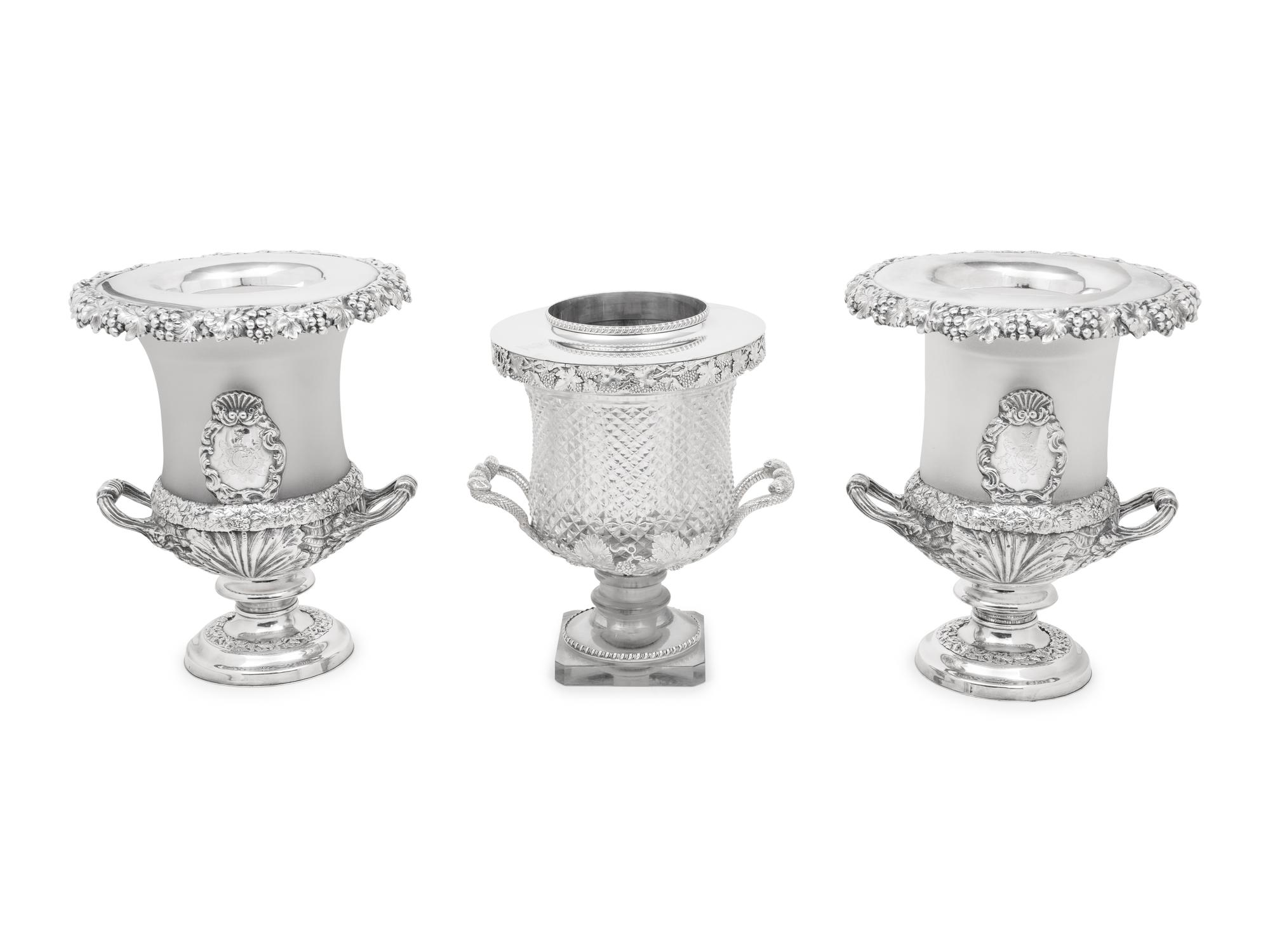 A Pair of English Frosted Glass and Silver-Plate Wine Coolers