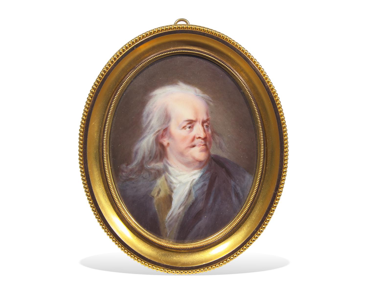 After Jacques Thouron (Swiss, 1749-1789), An Enameled Portrait Miniature of Benjamin Franklin (1706-1790)