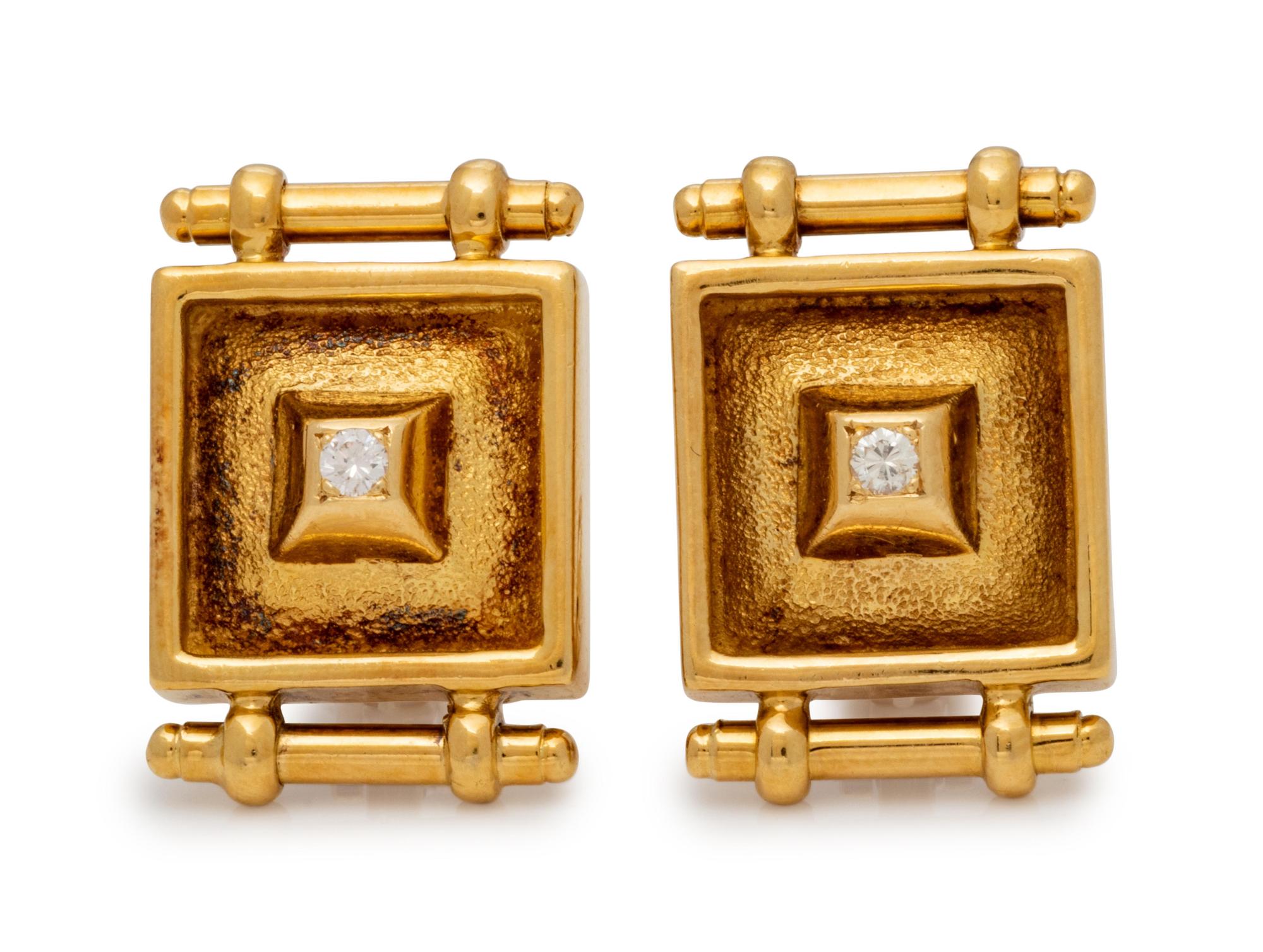 A Pair of 18 Karat Yellow Gold and Diamond Earclips, Greek,