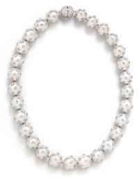 A White Gold, Cultured South Sea Pearl and Diamond Necklace, 107.85 dwts.