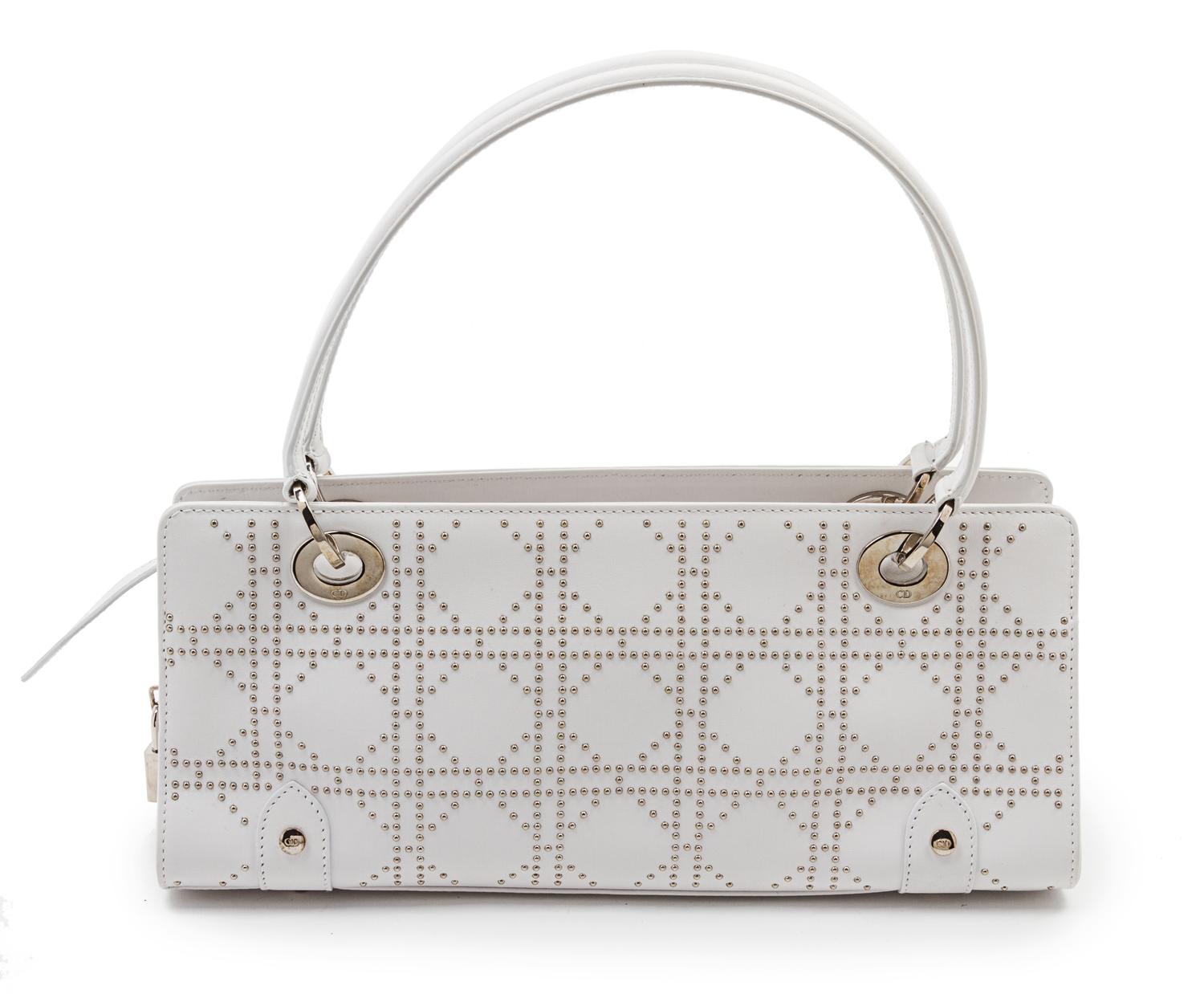 A Christian Dior Lady Dior White Leather Studded Tote, 12 1/2 x 5 x 4 inches.