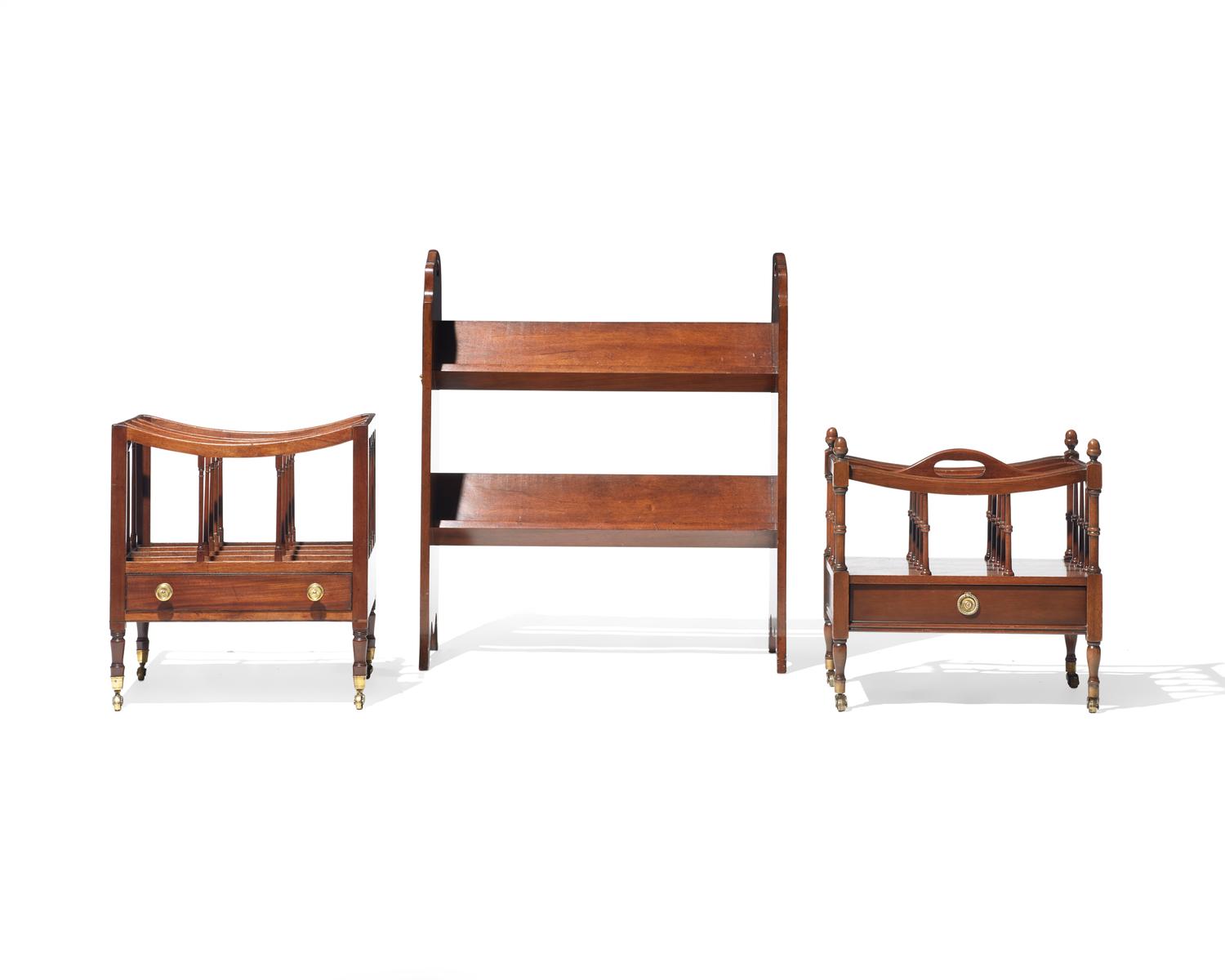 Two Regency style mahogany canterburies and a mahogany bookstand, 19th / 20th century