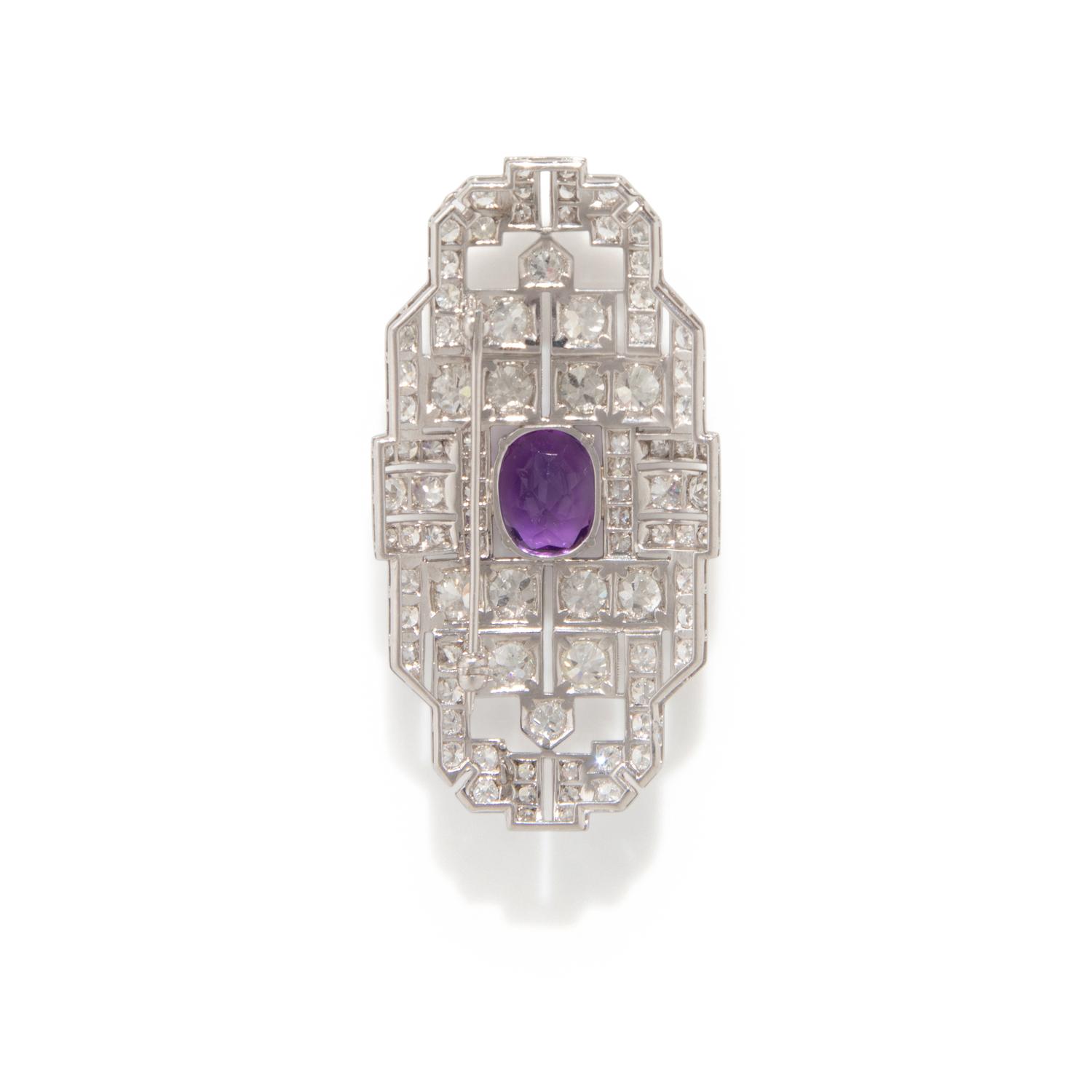 FRENCH, ART DECO, DIAMOND AND AMETHYST BROOCH