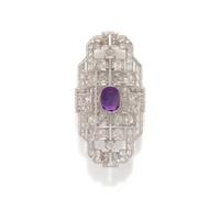 FRENCH, ART DECO, DIAMOND AND AMETHYST BROOCH