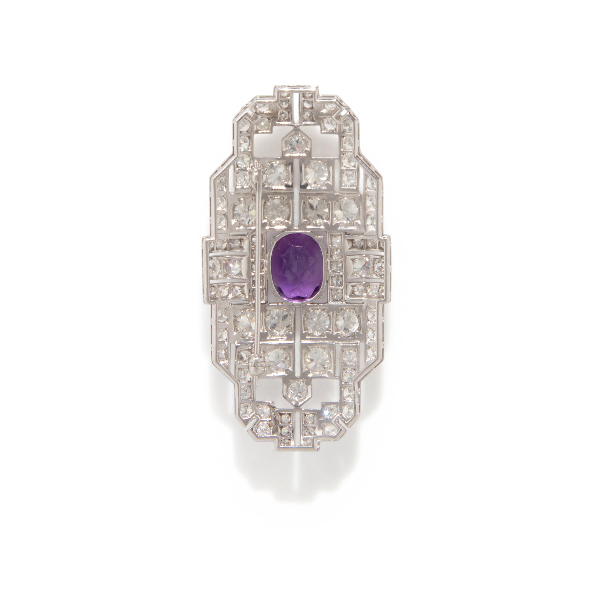 FRENCH, ART DECO, DIAMOND AND AMETHYST BROOCH