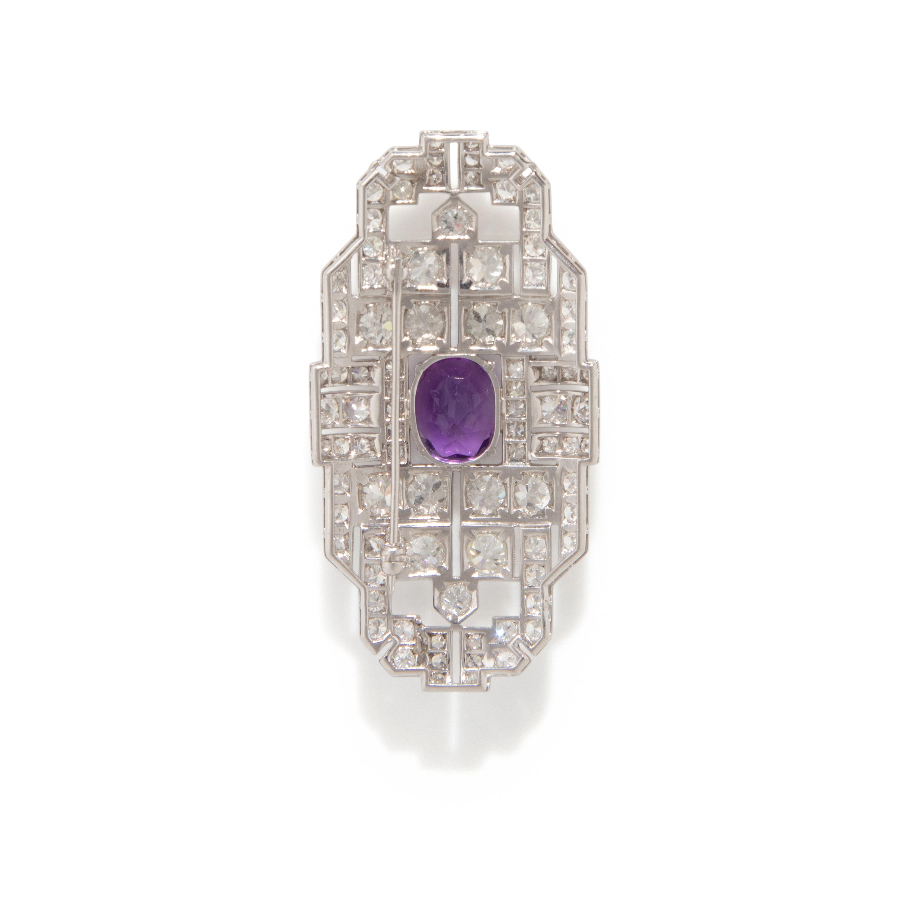 FRENCH, ART DECO, DIAMOND AND AMETHYST BROOCH