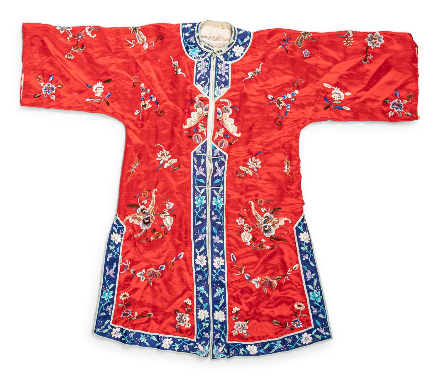 A Chinese Red Ground Embroidered Silk Lady's Robe