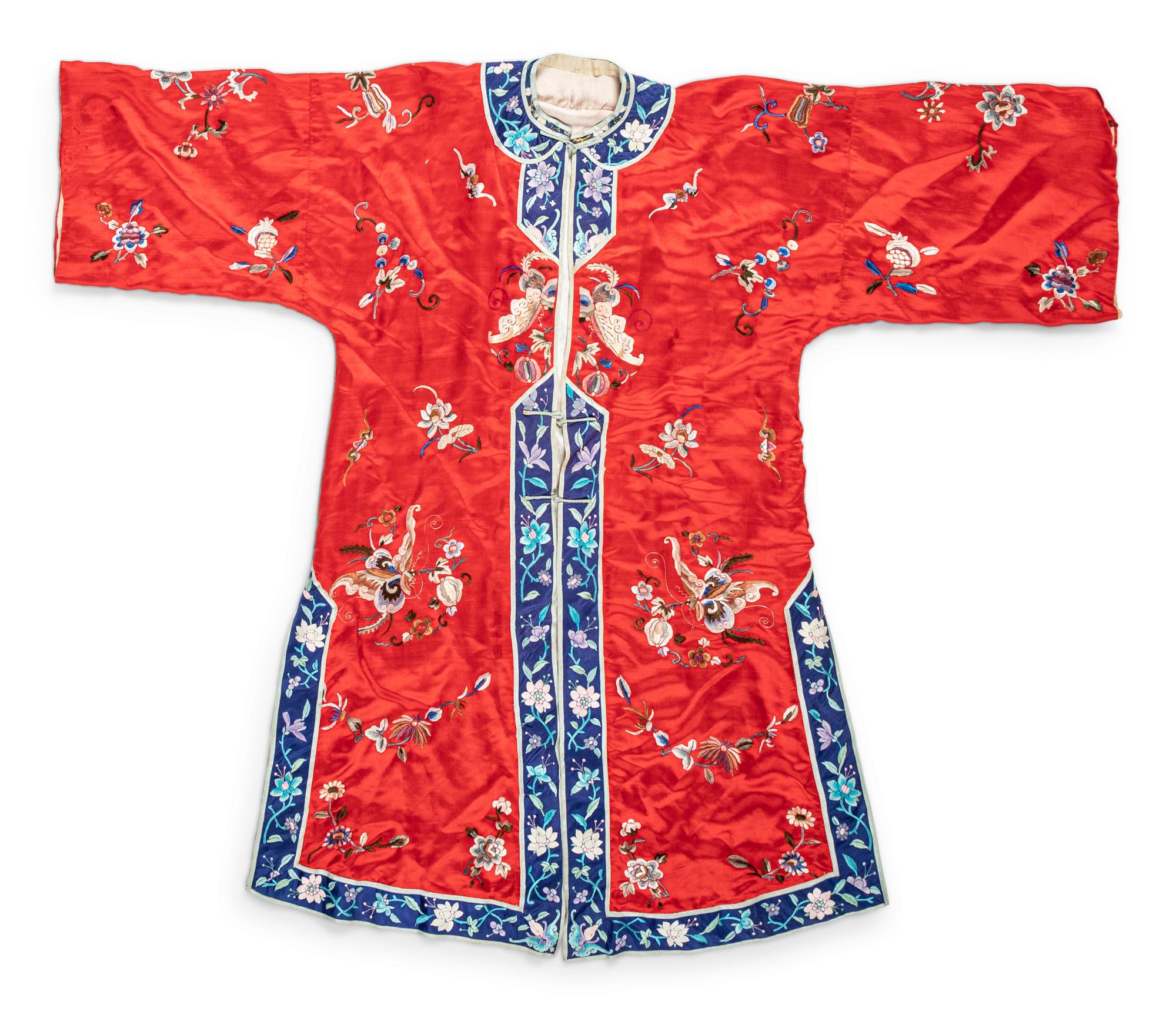 A Chinese Red Ground Embroidered Silk Lady's Robe