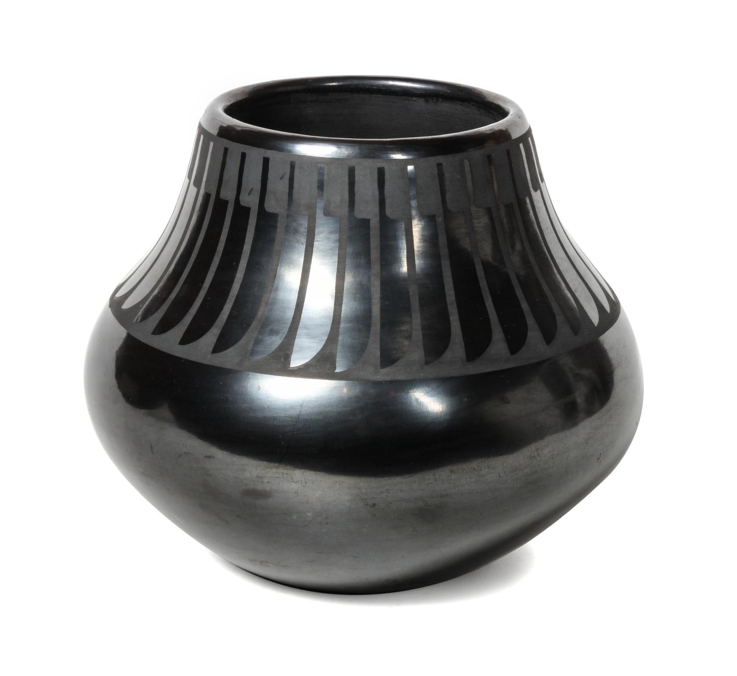 Maria Martinez and Popovi Da (1887-1980, 1922-1971) Blackware Feather Jar Height 6 1/2 x width 7 inches
