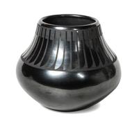 Maria Martinez and Popovi Da (1887-1980, 1922-1971) Blackware Feather Jar Height 6 1/2 x width 7 inches