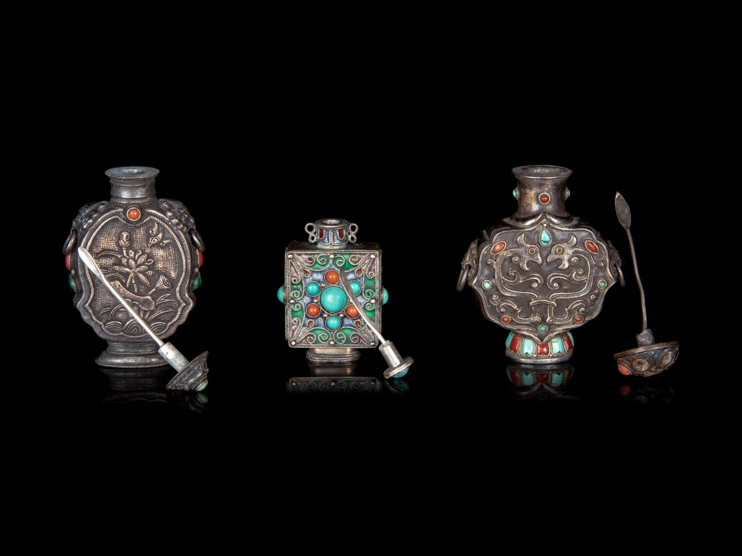 Three Mongolian Style Silver Snuff Bottles