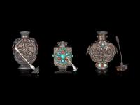 Three Mongolian Style Silver Snuff Bottles