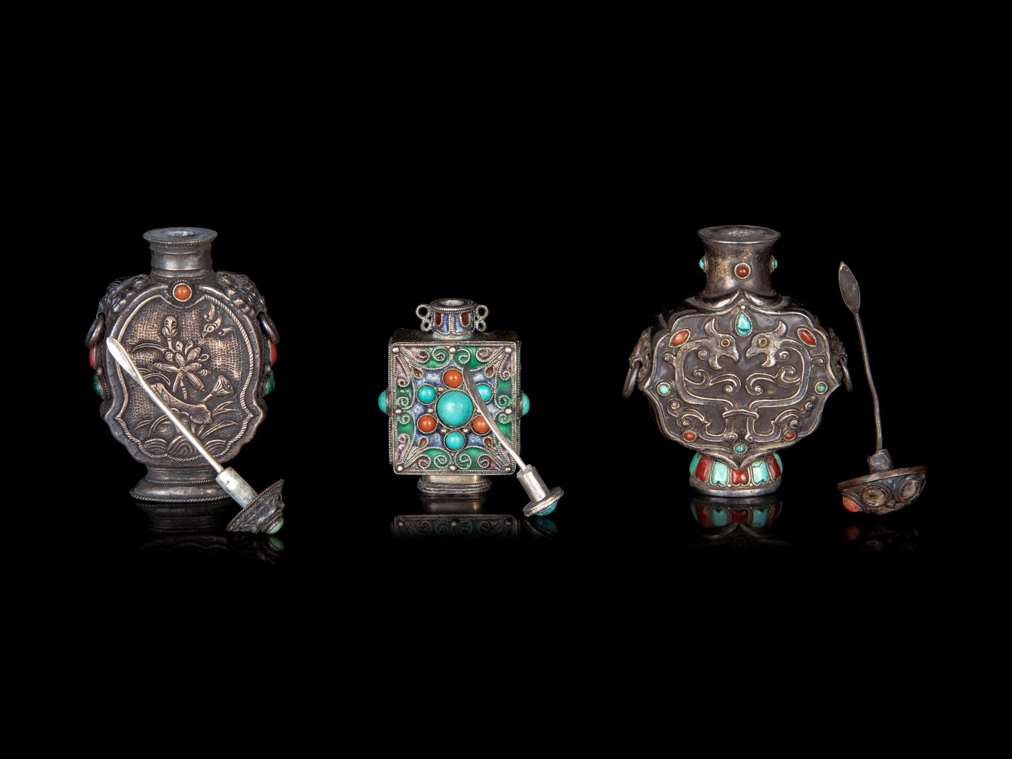 Three Mongolian Style Silver Snuff Bottles