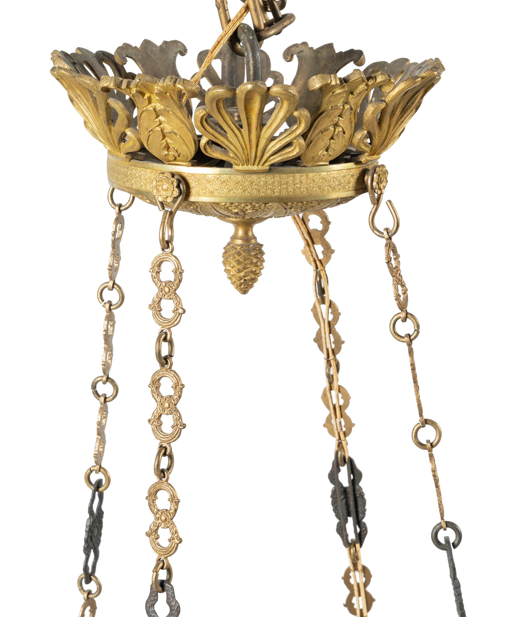 An Empire Style Gilt and Patinated Bronze Eight-Light Chandelier