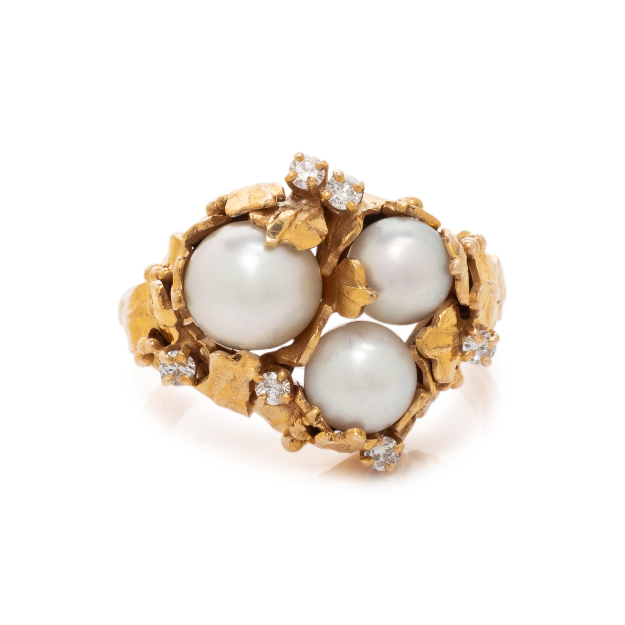 YELLOW GOLD, CULTURED PEARL AND DIAMOND RING