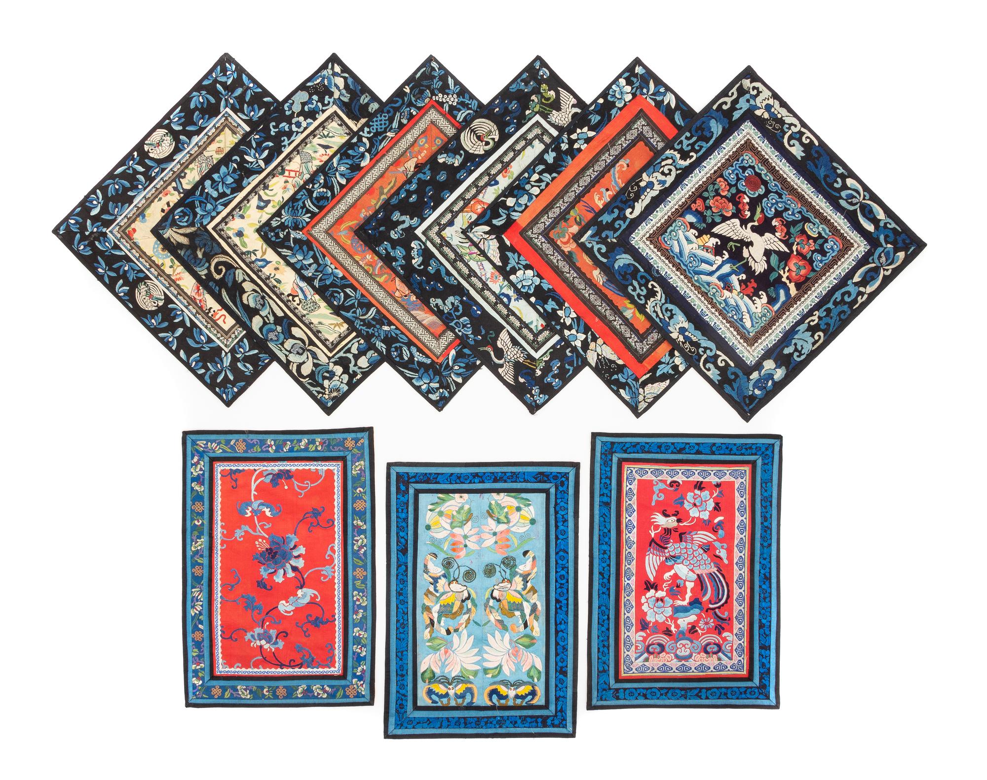 Seventeen Embroidered Silk Articles Length of largest 27 3/4 x 14 3/4 inches. — 19TH CENTURY