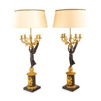 A Pair of Empire Style Gilt and Patinated Bronze Candelabra Mounted as Lamps