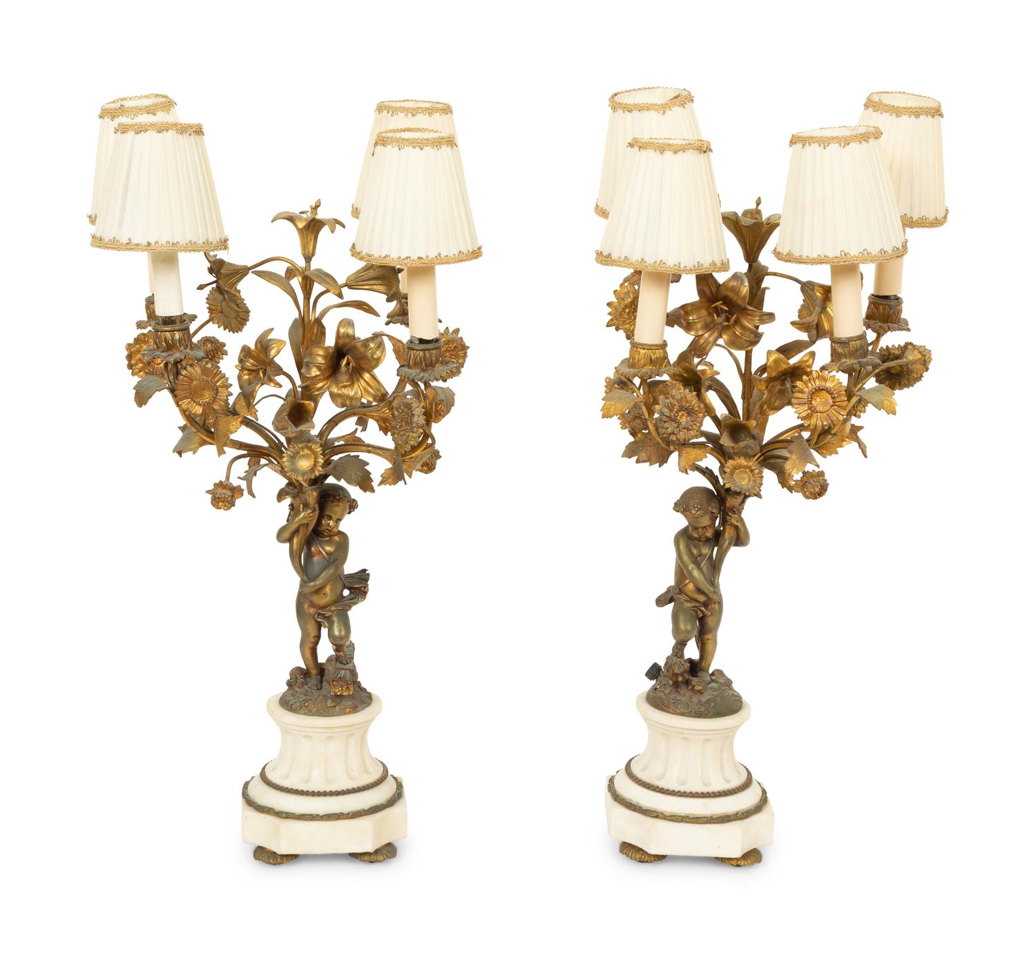 A Pair of Louis XVI Style Gilt Bronze and Marble Four-Light Candelabra