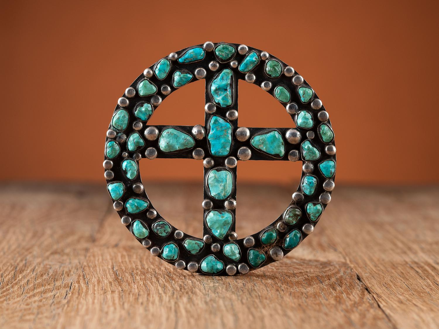 Large Sterling Silver and Turquoise Cluster Cross Pendant