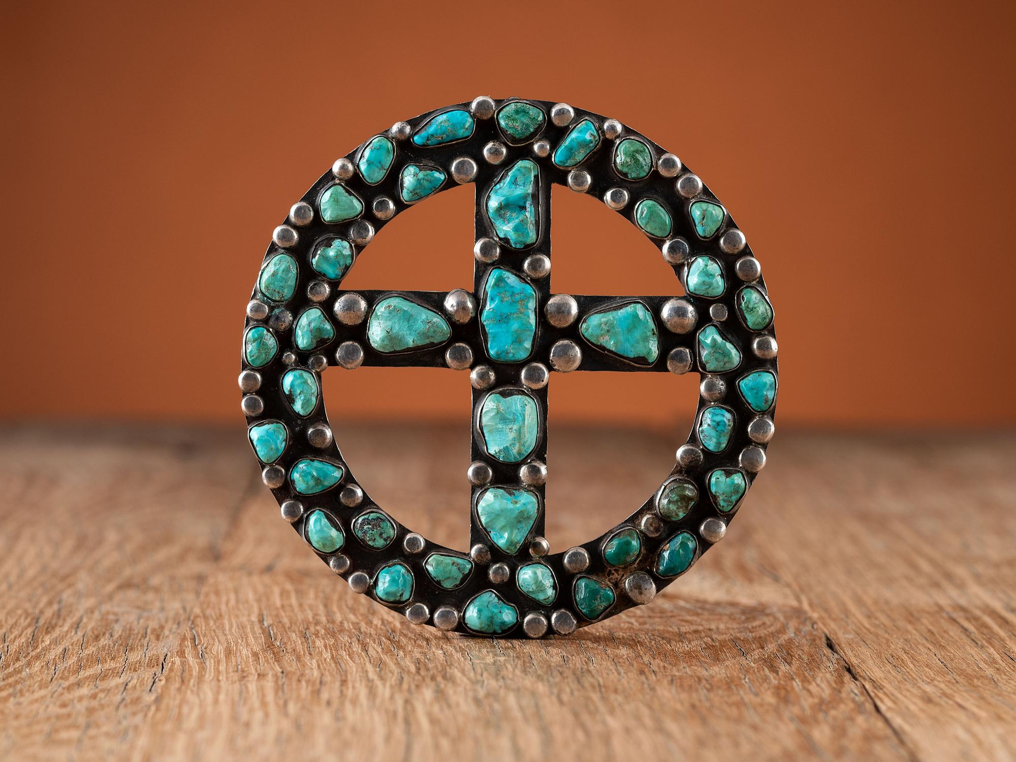Large Sterling Silver and Turquoise Cluster Cross Pendant