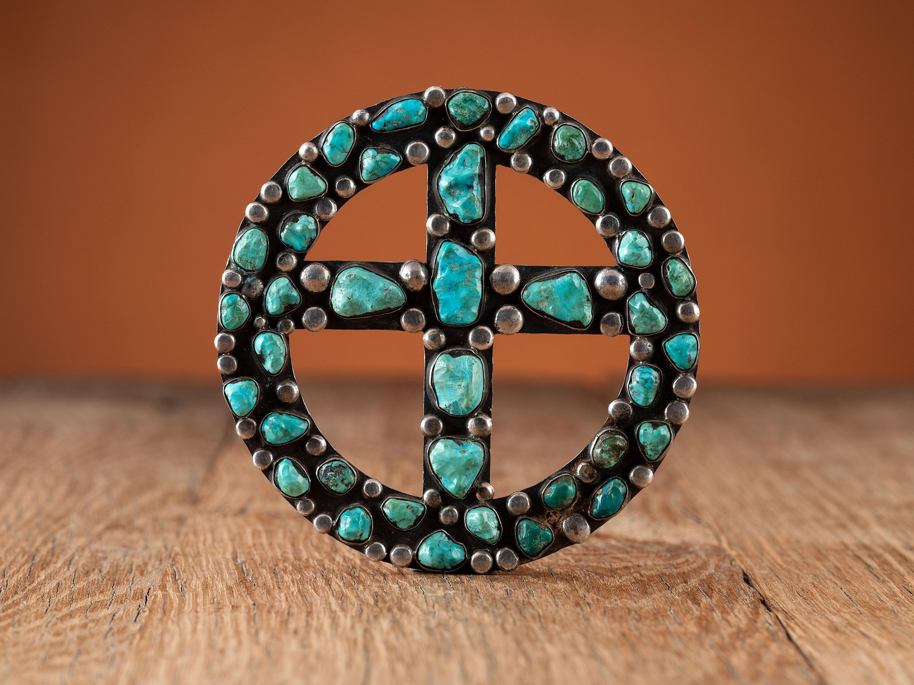 Large Sterling Silver and Turquoise Cluster Cross Pendant
