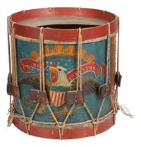 [CIVIL WAR]. Regulation US Infantry hand-painted snare drum. Attributed manufacture to Charles E. Town, Bath, ME.