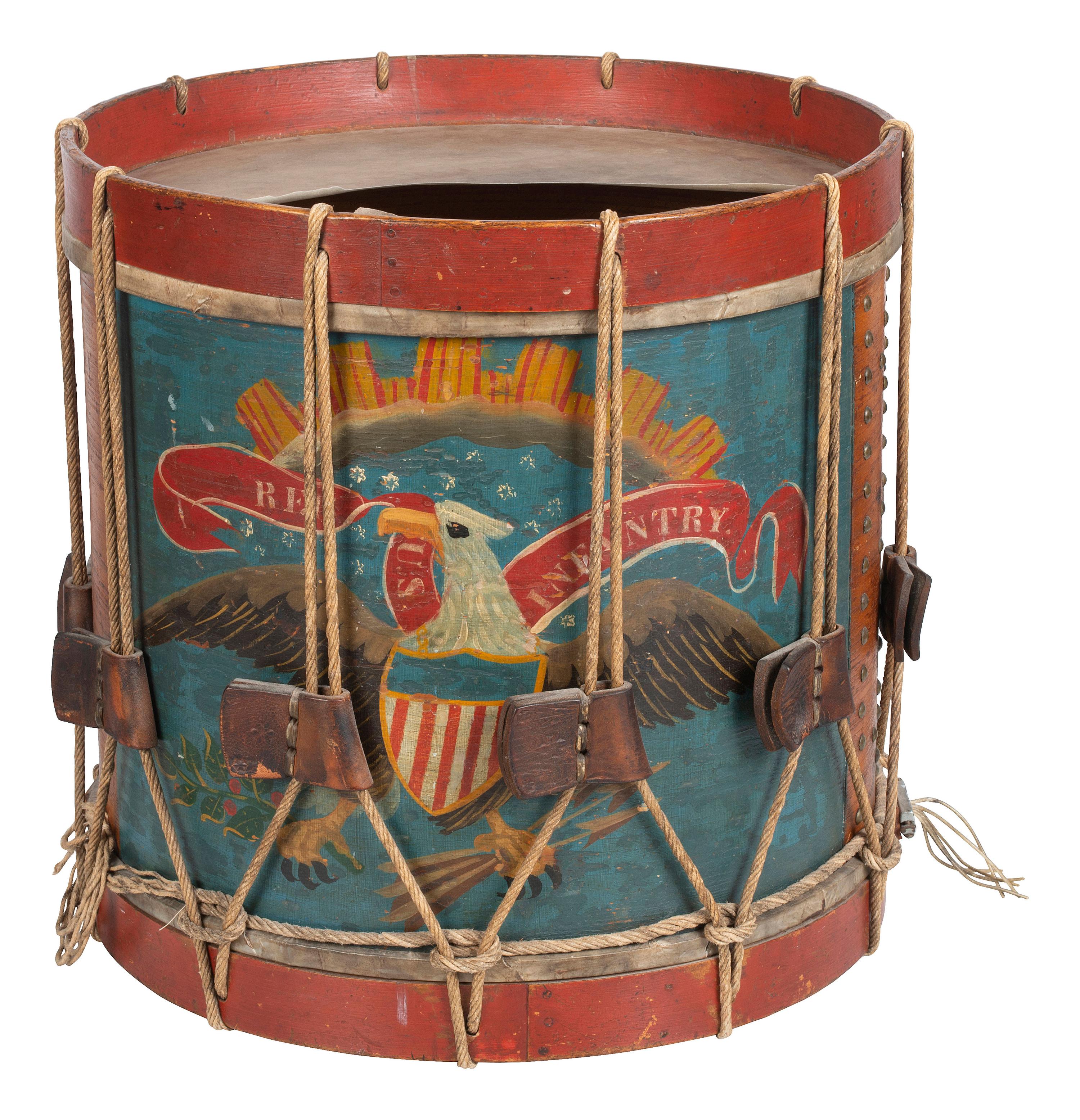 [CIVIL WAR]. Regulation US Infantry hand-painted snare drum. Attributed manufacture to Charles E. Town, Bath, ME.