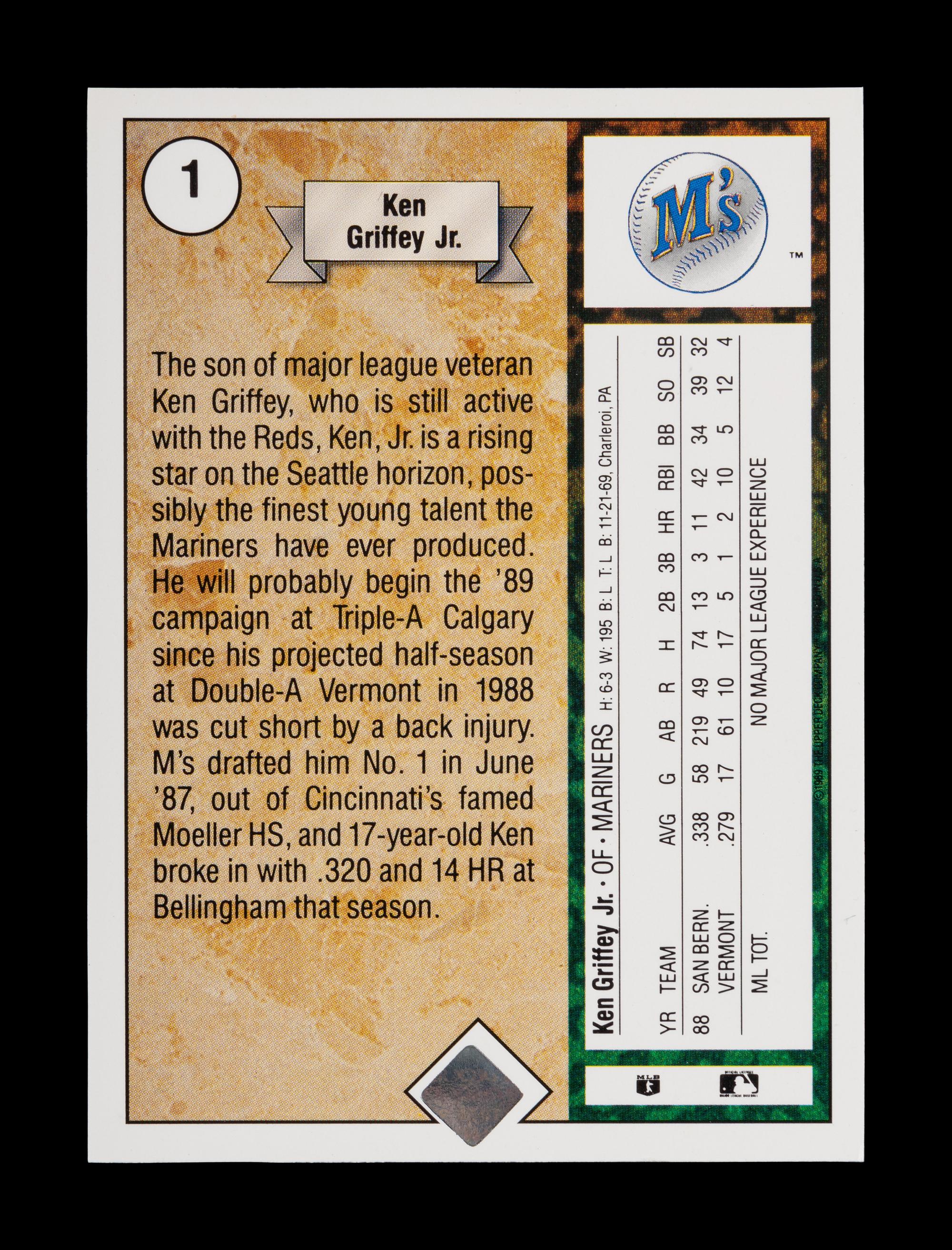 A 1989 Upper Deck Ken Griffey Jr. Rookie Baseball Card No. 1