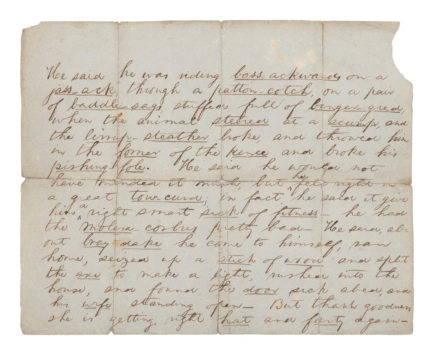 LINCOLN, Abraham (1809-1865). Autograph manuscript of the humorous "Bass-Ackwards" story. [Presumably Springfield, Illinois, ca. 1845-1850.]