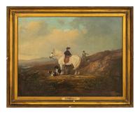 Hunting Party With Two Figures, Mount And Two Dogs in an Expansive Highland Landscape