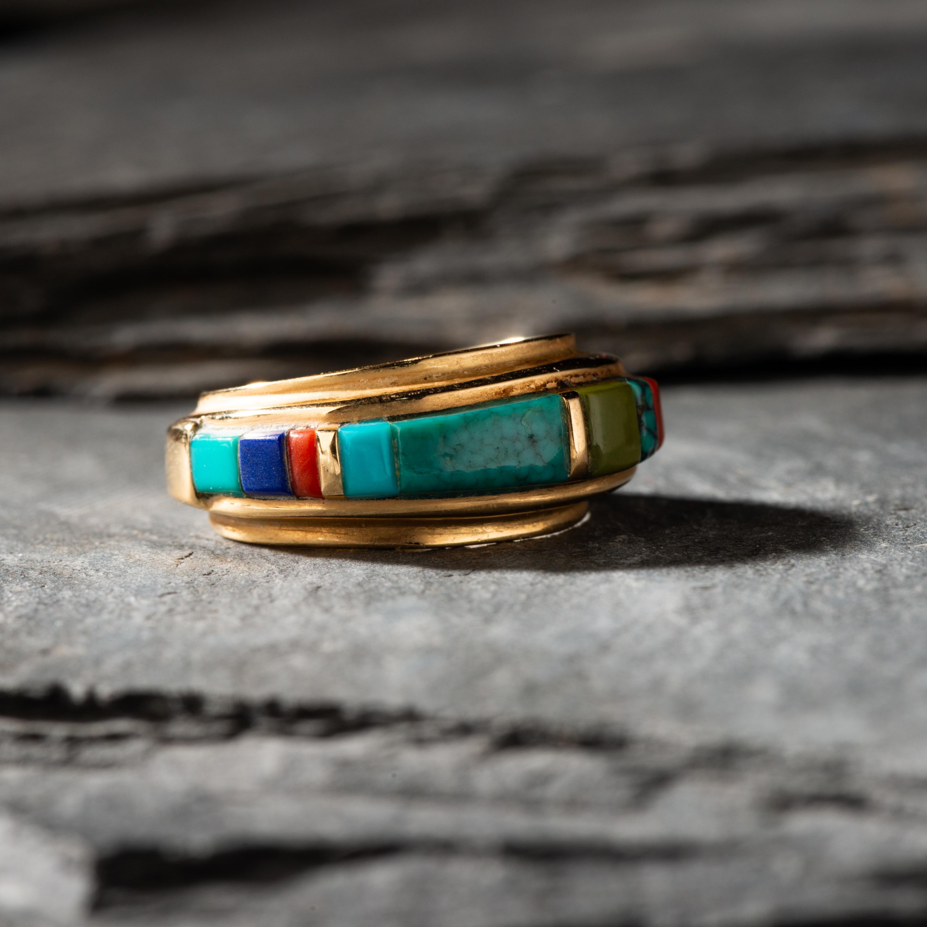 Verma Nequatewa, Sonwai (Hopi, b. 1949) — 18K Gold and Cobblestone Inlay Ring