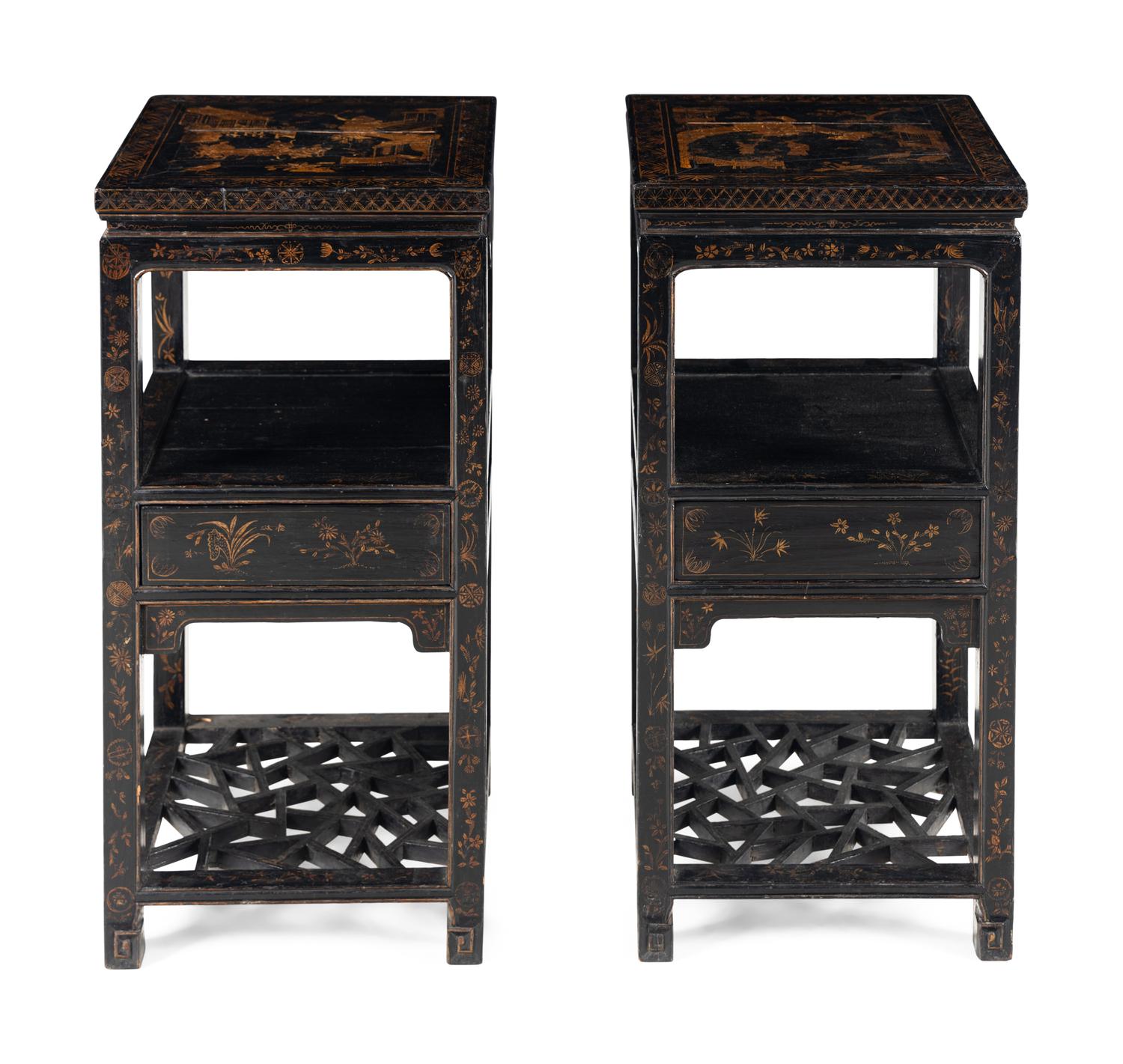 A Pair of Chinese Gilt-Decorated Black Lacquer Jardinière Stands
